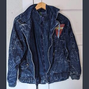 IZZI Acid Wash Denim Bomber Jacket Medium Vintage 80s Grunge